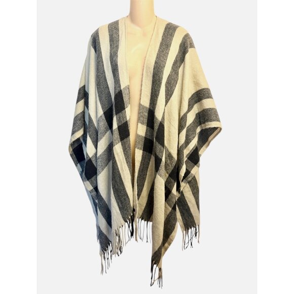 Banana Republic Plaid Fringe Open Front Poncho Wrap Black/Cream/Beige One Size - Picture 1 of 9